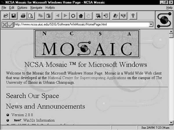 Navegador Mosaic, primer navegador en el que se pudo ver en conjunto el primer diseño y desarrollo web de una página, con imágenes y texto
