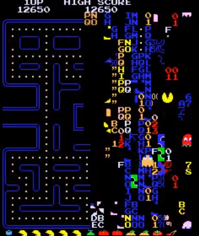 Pantalla final del videojuego de Pac-man imposible de jugar, donde todo está mezclado y no se permite ni siquiera superarla